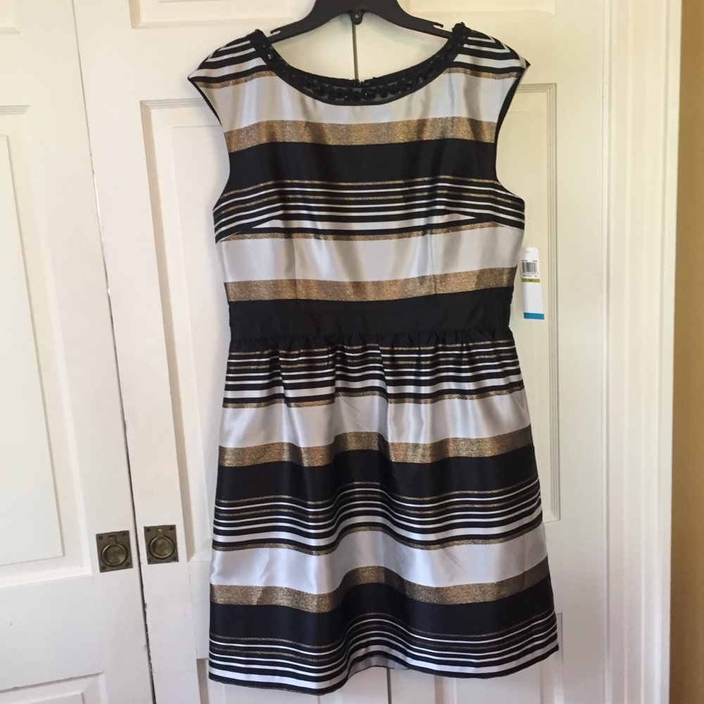 Black and gold metallic fit and flare dress